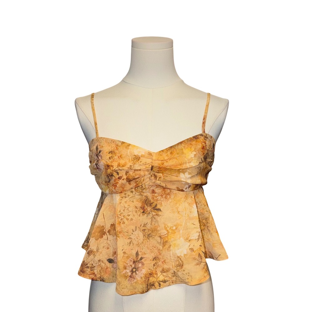 Madden NYC Peplum Cami Women XS Yellow Excellent Floral Chiffon Smocked Top